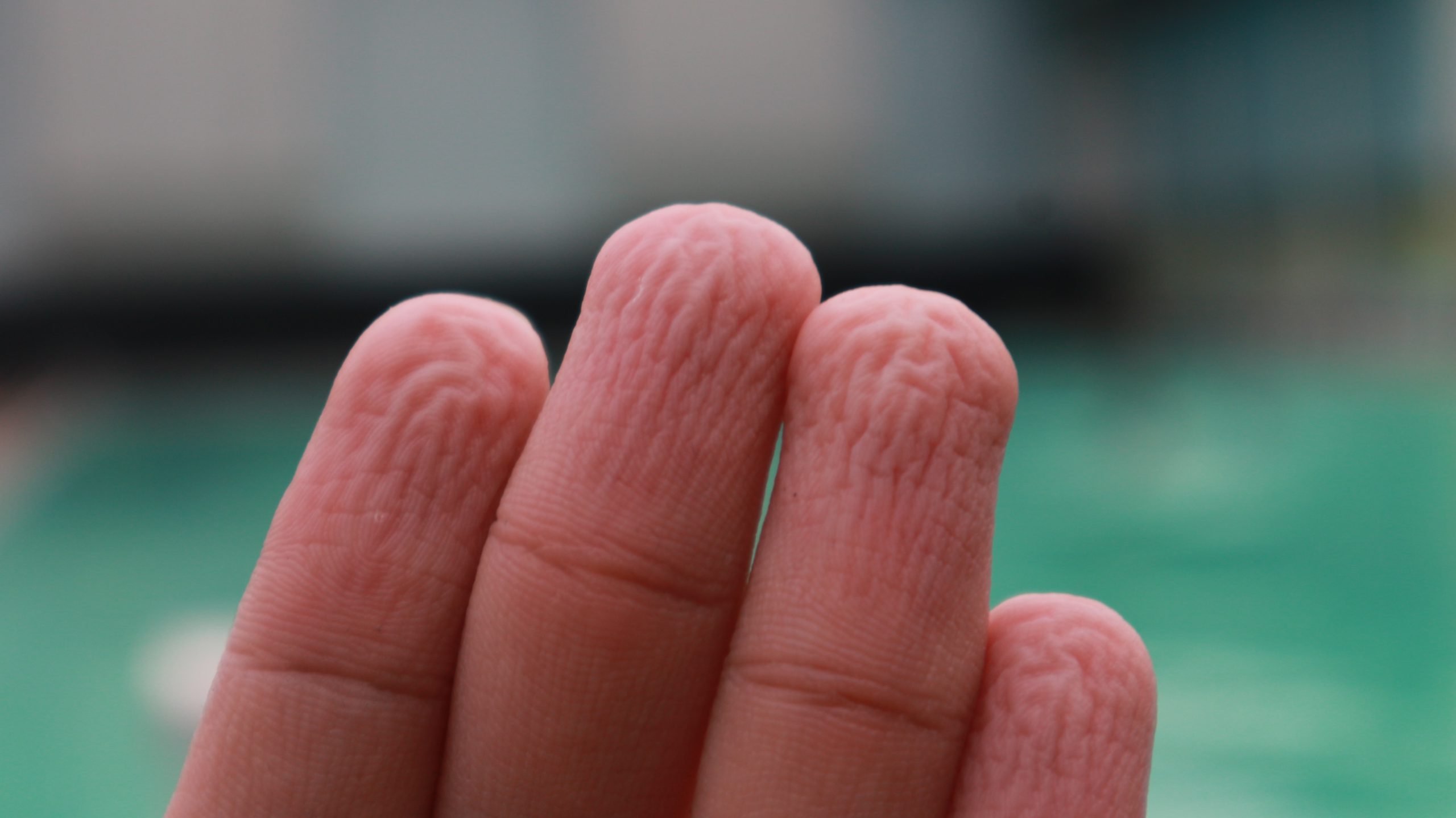 Finger wrinkled from time in the water